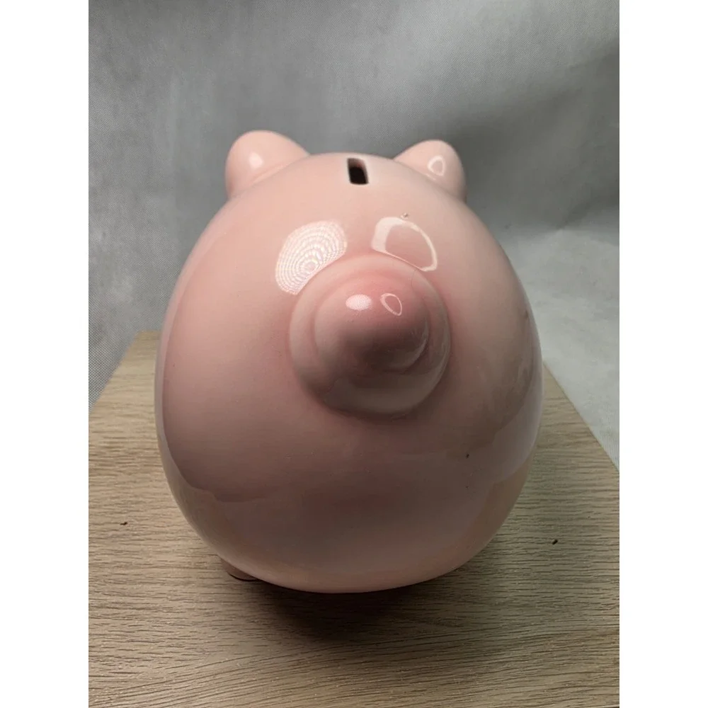 Vintage Mid Century Pottery Blush Pink Fat Belly Curly Tail Pig Piggy Bank